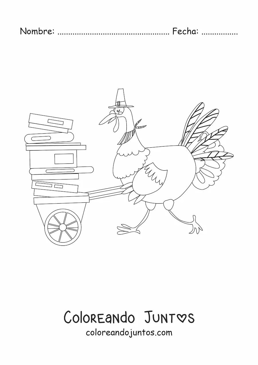 Imagen para colorear de un pavo animado con libros apilados en una carretilla