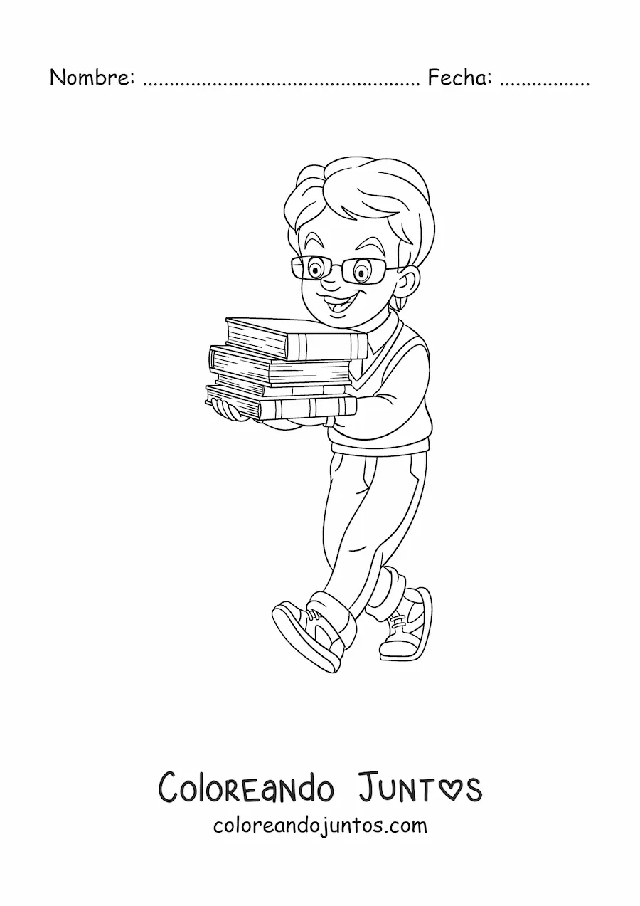 Imagen para colorear de un niño cargando con varios libros apilados