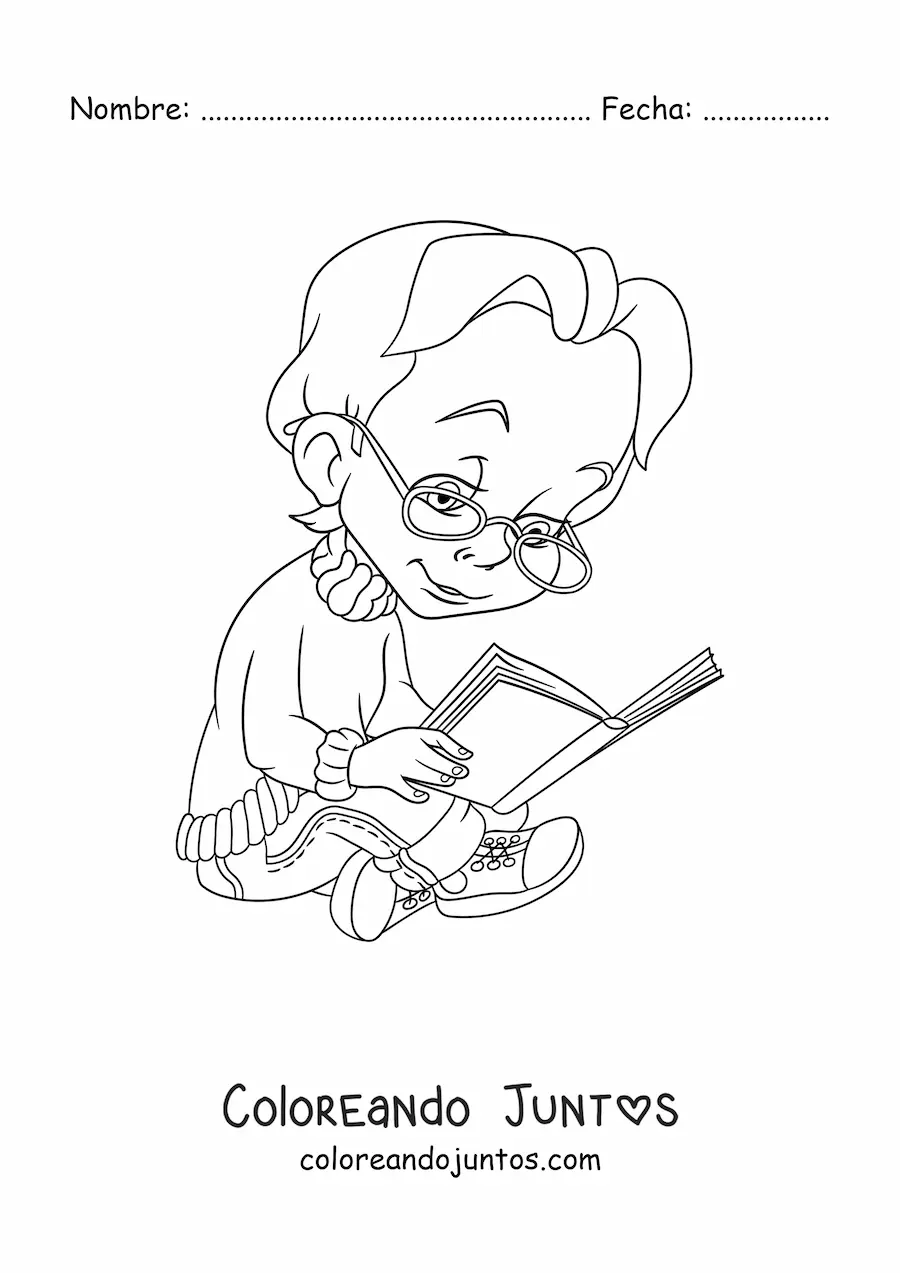 Imagen para colorear de una niña con lentes sentada leyendo un libro