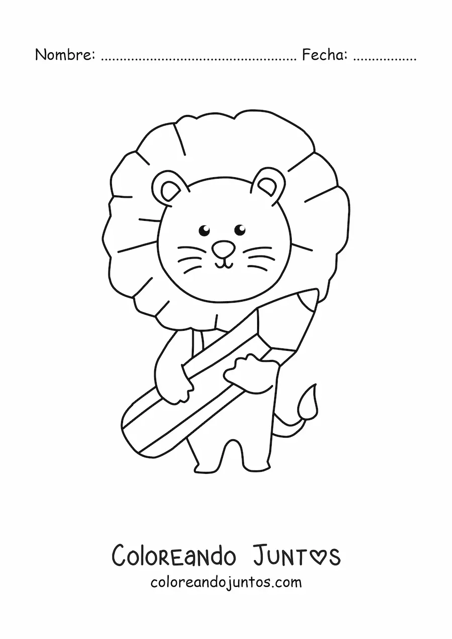 Imagen para colorear de un león kawaii sosteniendo un lápiz