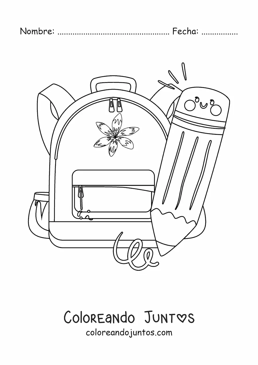 Imagen para colorear de un lápiz kawaii animado junto a una mochila escolar
