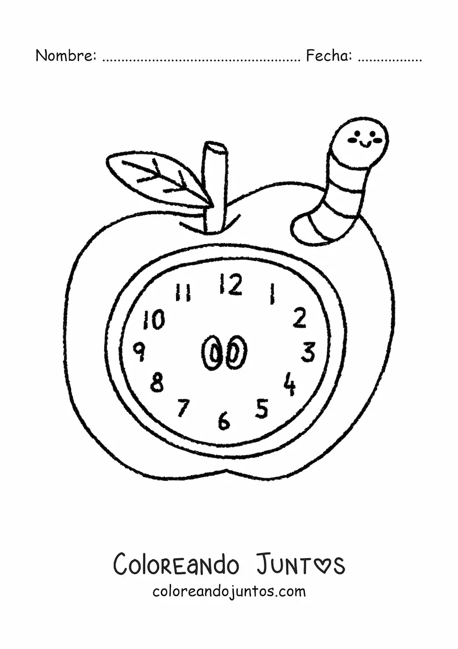 Imagen para colorear de un reloj de manzana kawaii