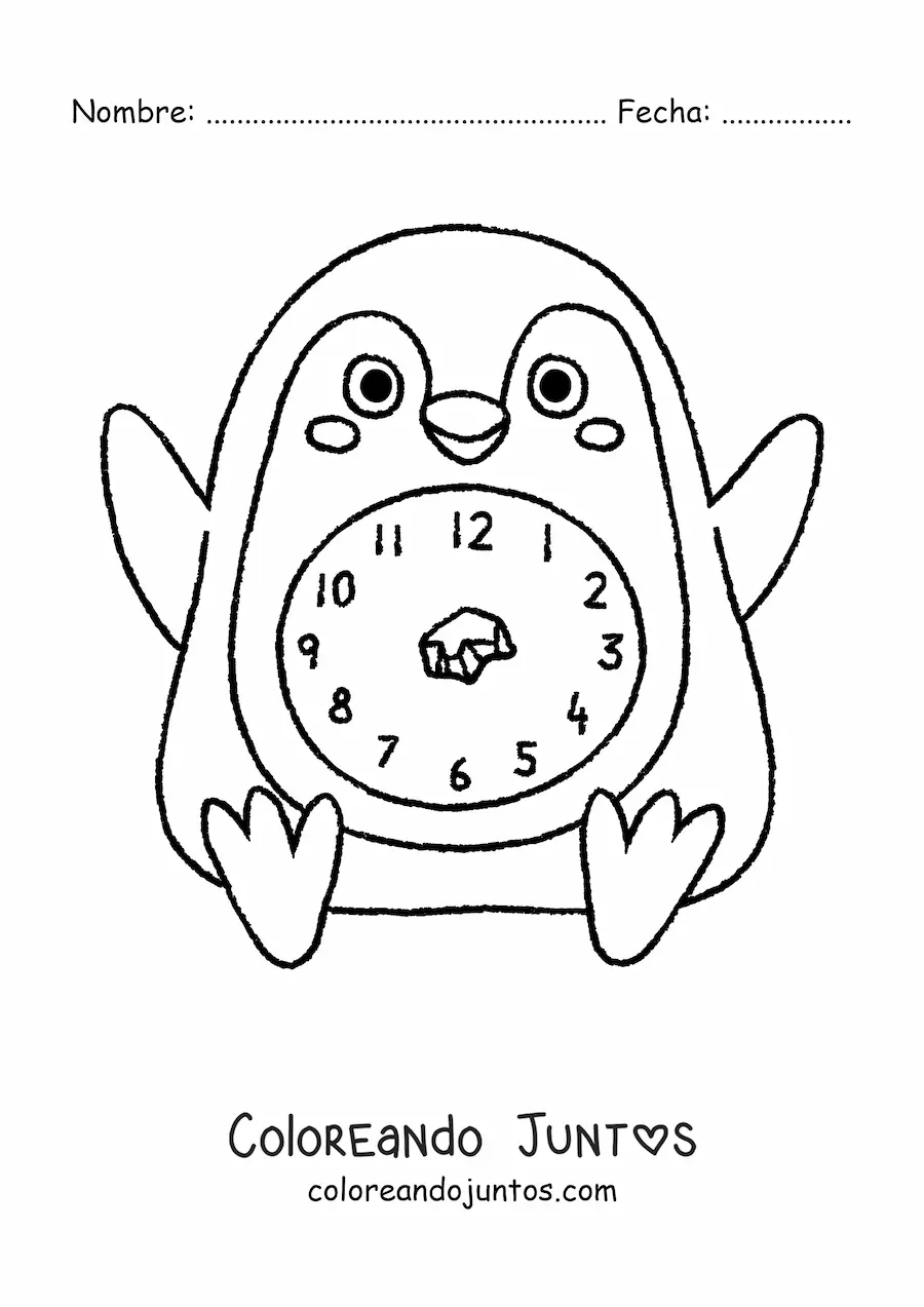 Imagen para colorear de un reloj de pingüino kawaii
