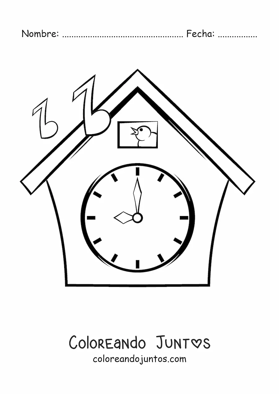 Imagen para colorear de un reloj cucú marcando la hora