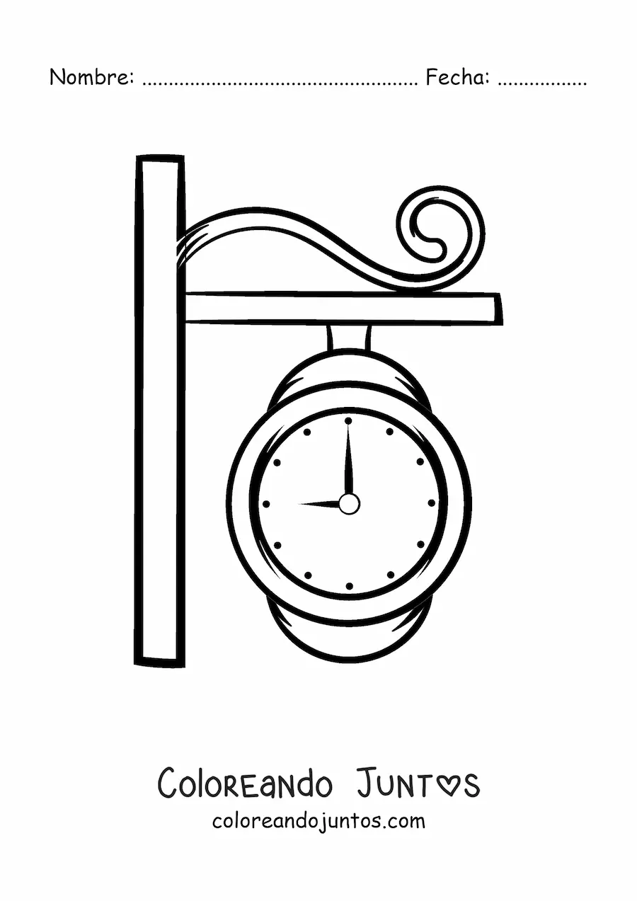 Imagen para colorear de un reloj de estación marcando la hora
