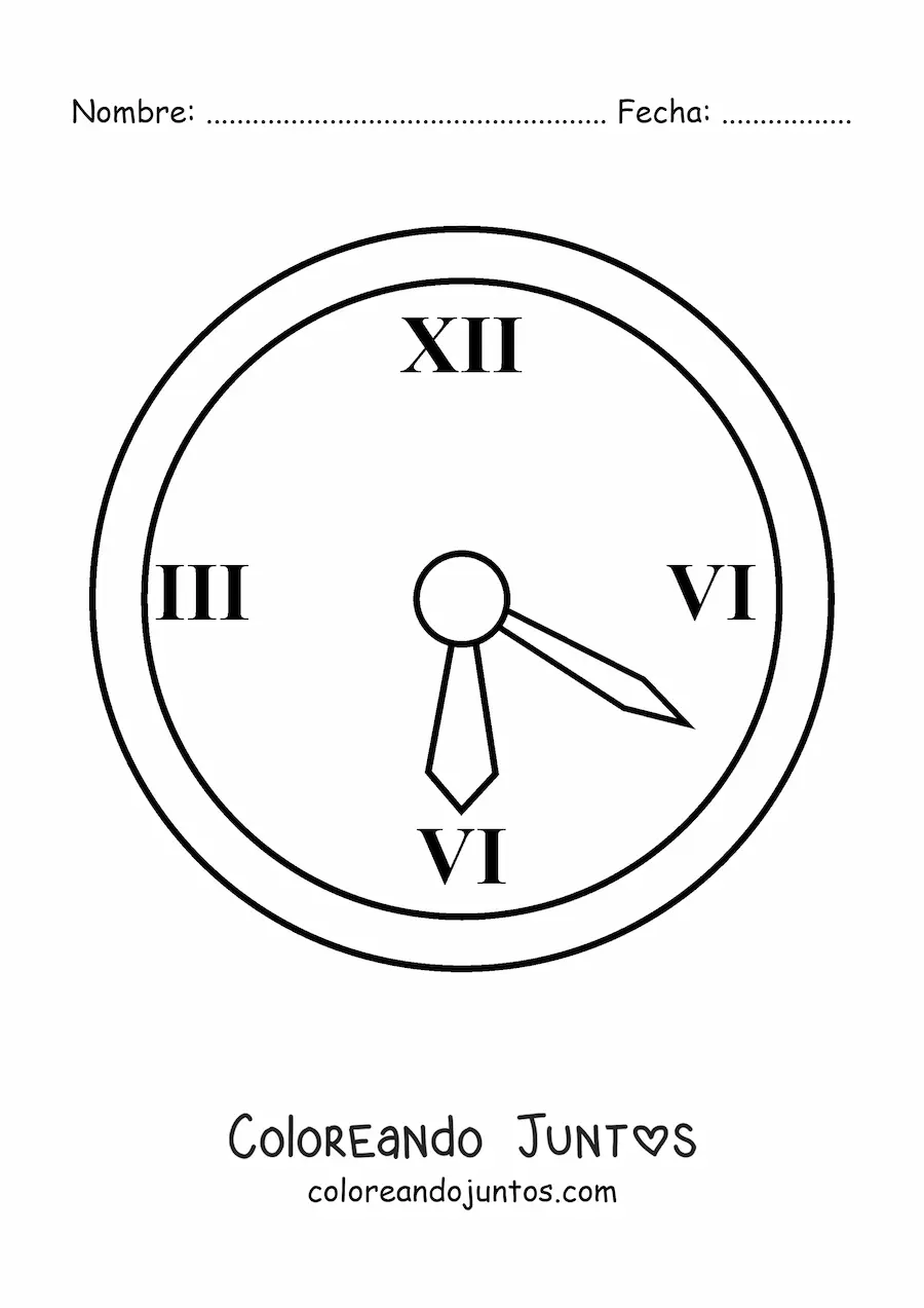 Imagen para colorear de un reloj de pared marcando la hora