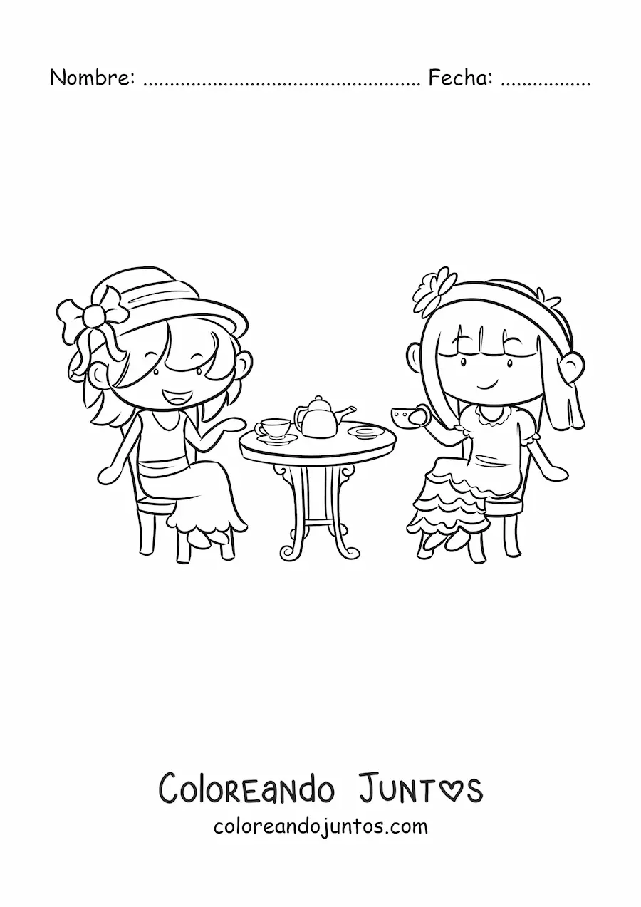 Imagen para colorear de dos niñas kawaii tomando té en una mesa