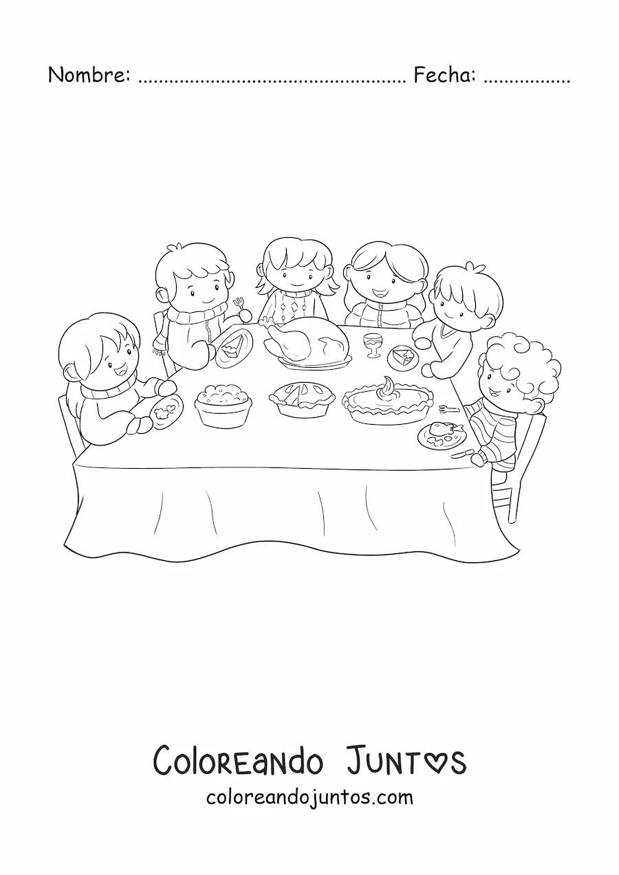 Imagen para colorear de una familia cenando en una mesa con un mantel