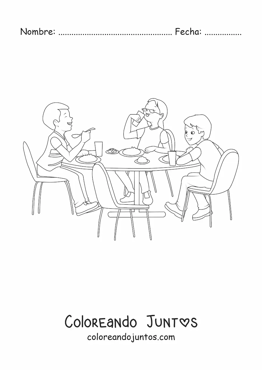 Imagen para colorear de tres niños comiendo en la mesa