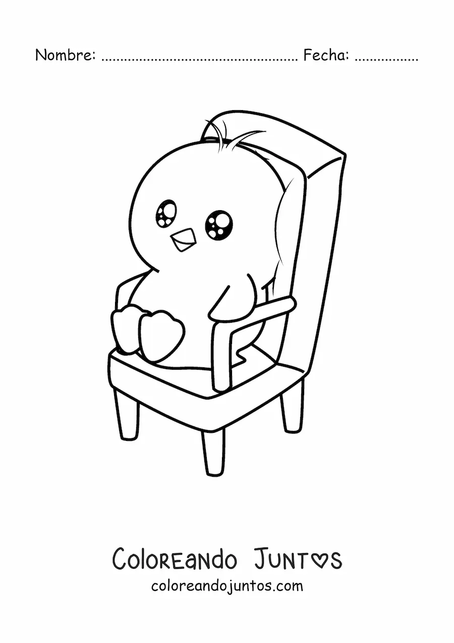 Imagen para colorear de un pollito kawaii animado sentado en una silla