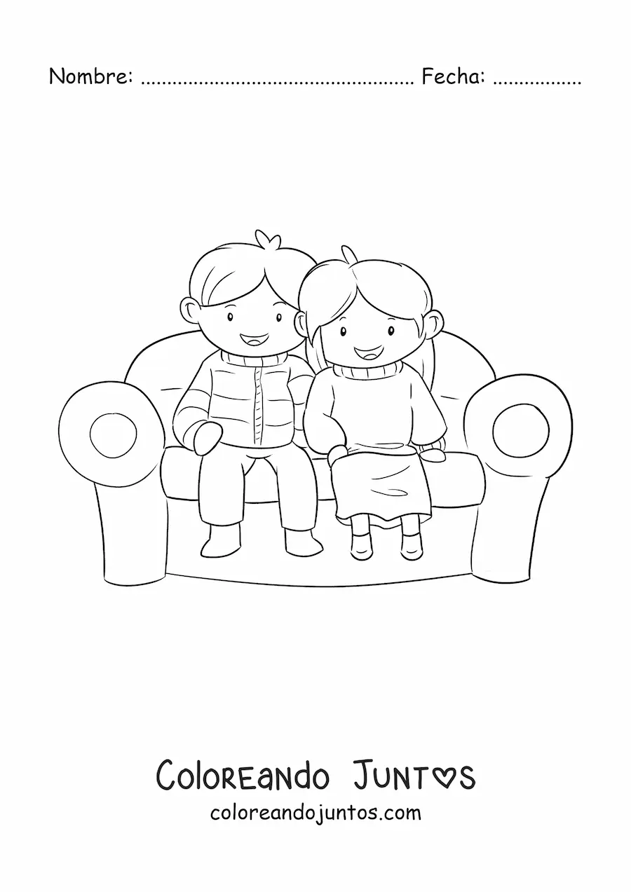Imagen para colorear de una pareja kawaii sentada en un sillón