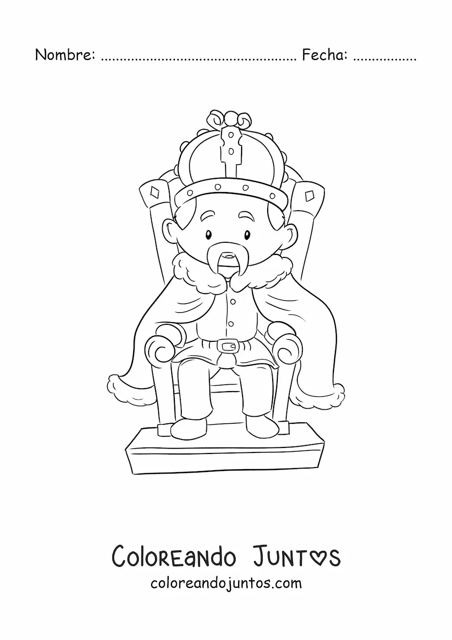 Imagen para colorear de un rey kawaii sentado en un trono