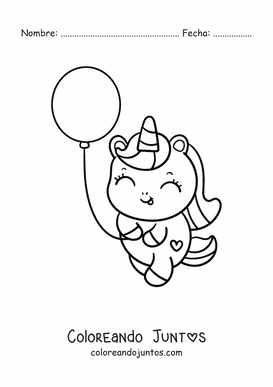 Imagen para colorear de un unicornio kawaii con un globo