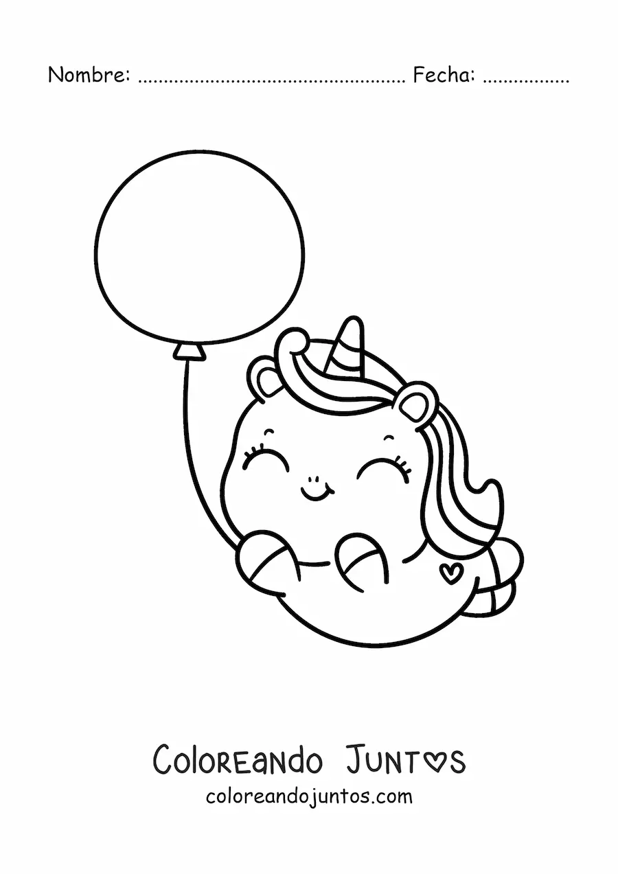 Imagen para colorear de un unicornio kawaii flotando con un globo