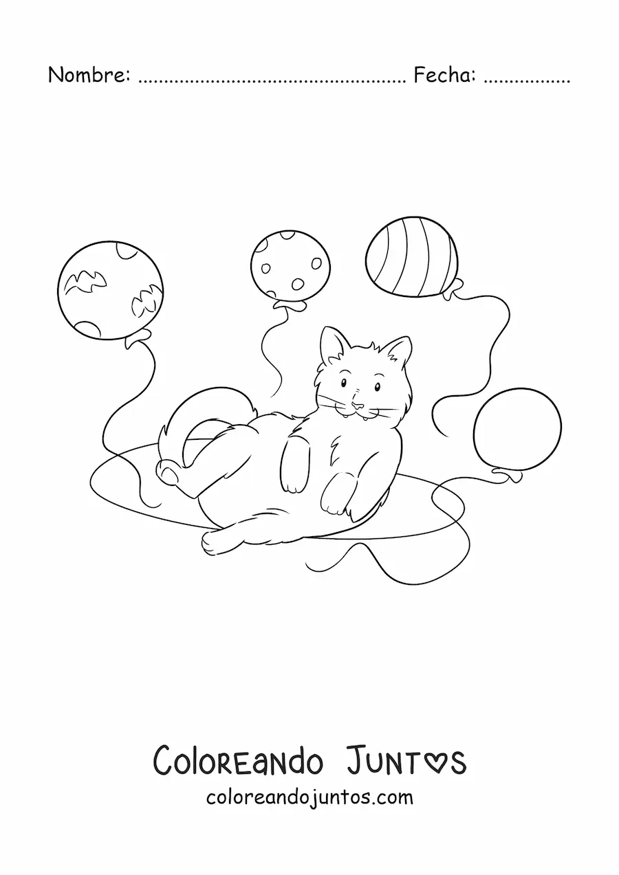 Imagen para colorear de un gato kawaii con cuatro globos