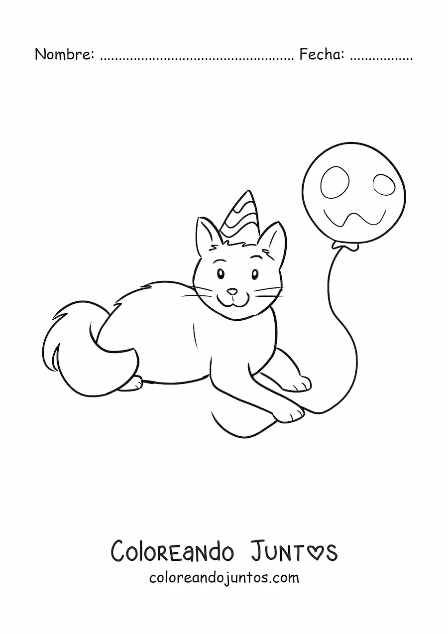 Imagen para colorear de un gato kawaii con un globo de fiesta