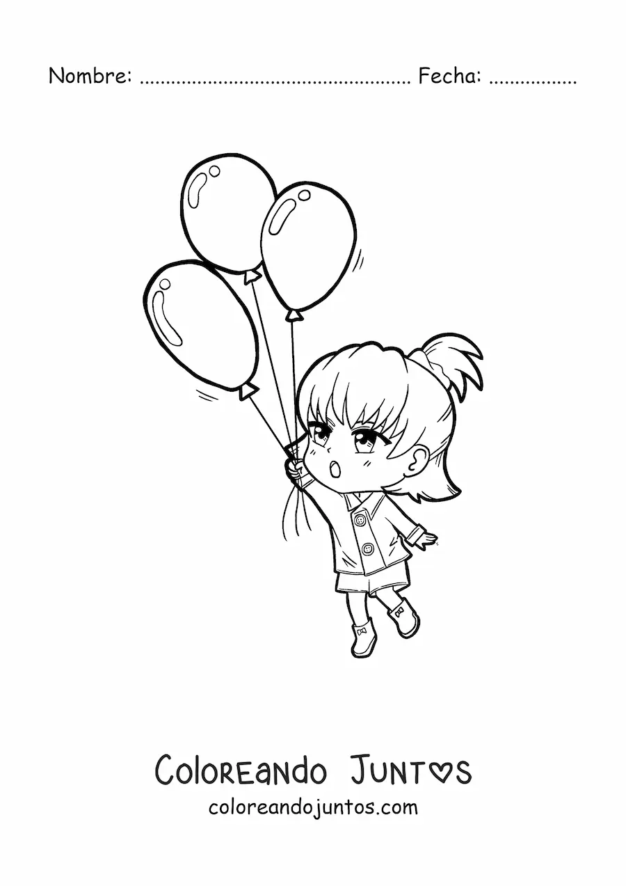 Imagen para colorear de una niña kawaii volando con tres globos