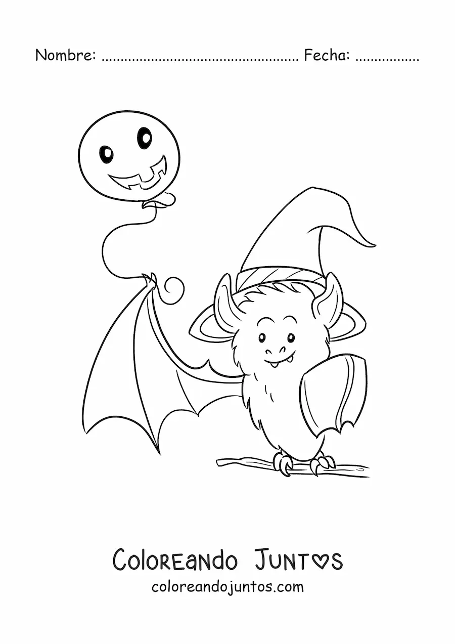 Imagen para colorear de un murciélago kawaii con un globo de Halloween