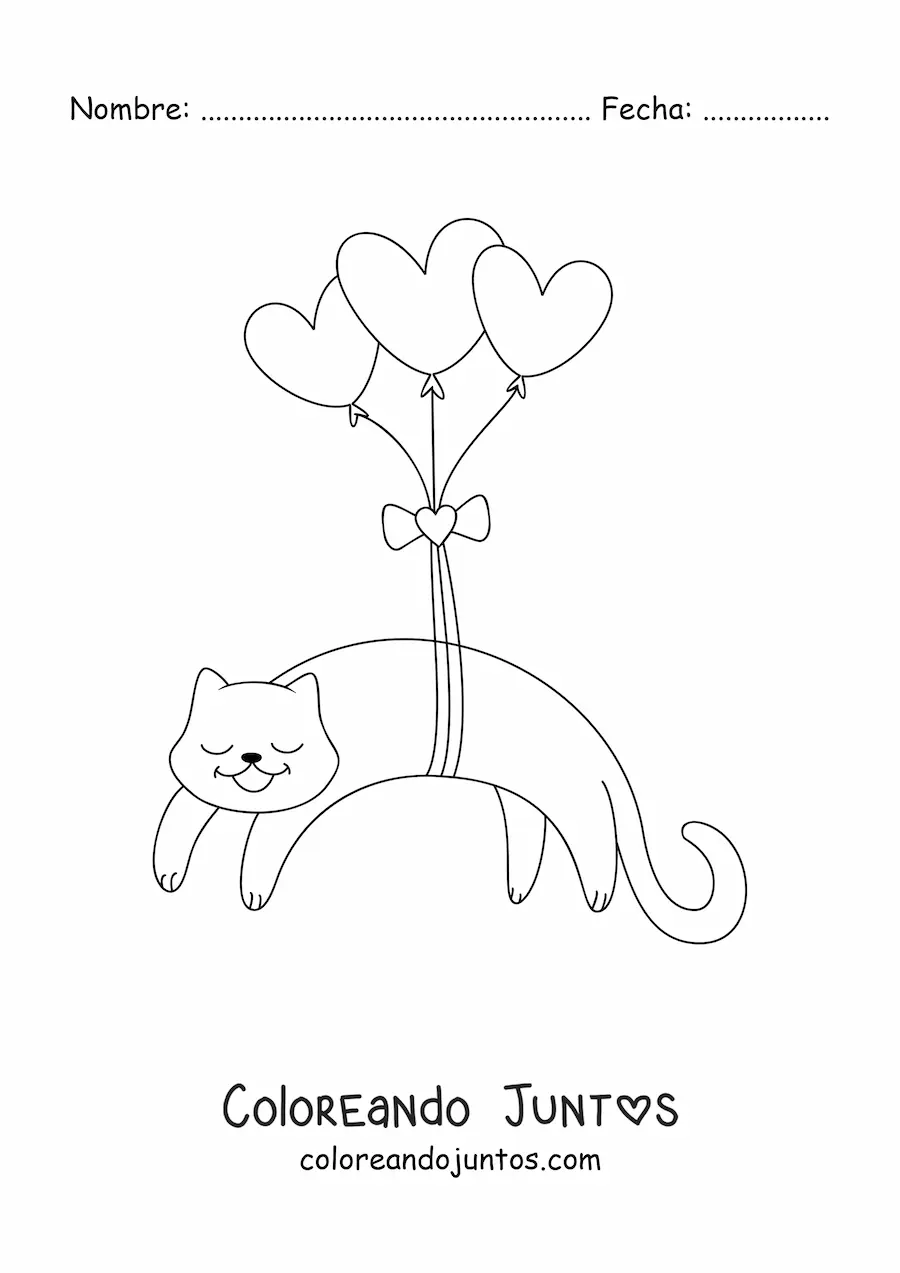 Imagen para colorear de un gato animado amarrado a tres globos de corazones