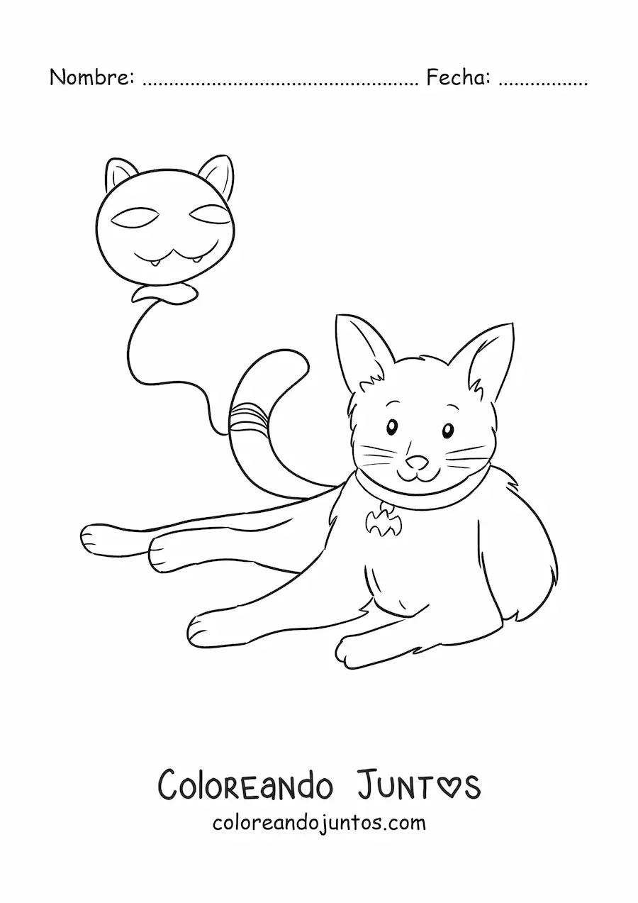 Imagen para colorear de un gato kawaii con un globo en forma de gato