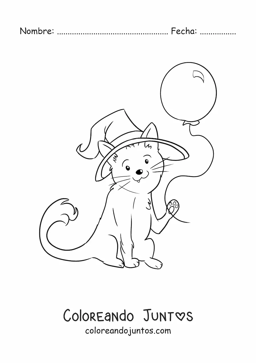 Imagen para colorear de un gato kawaii disfrazado con un globo de Halloween