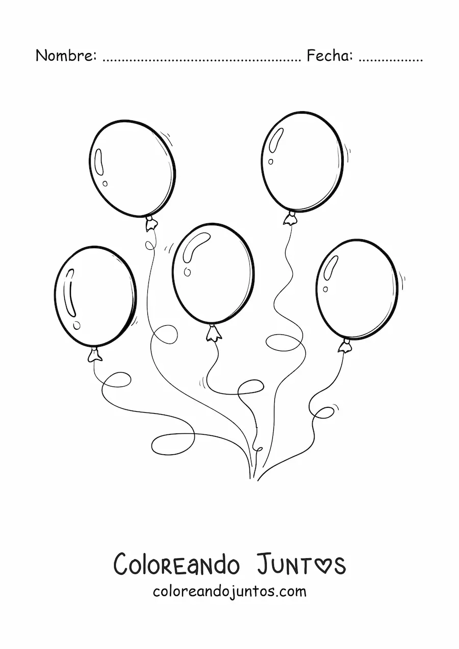 Imagen para colorear de cinco globos de cumpleaños