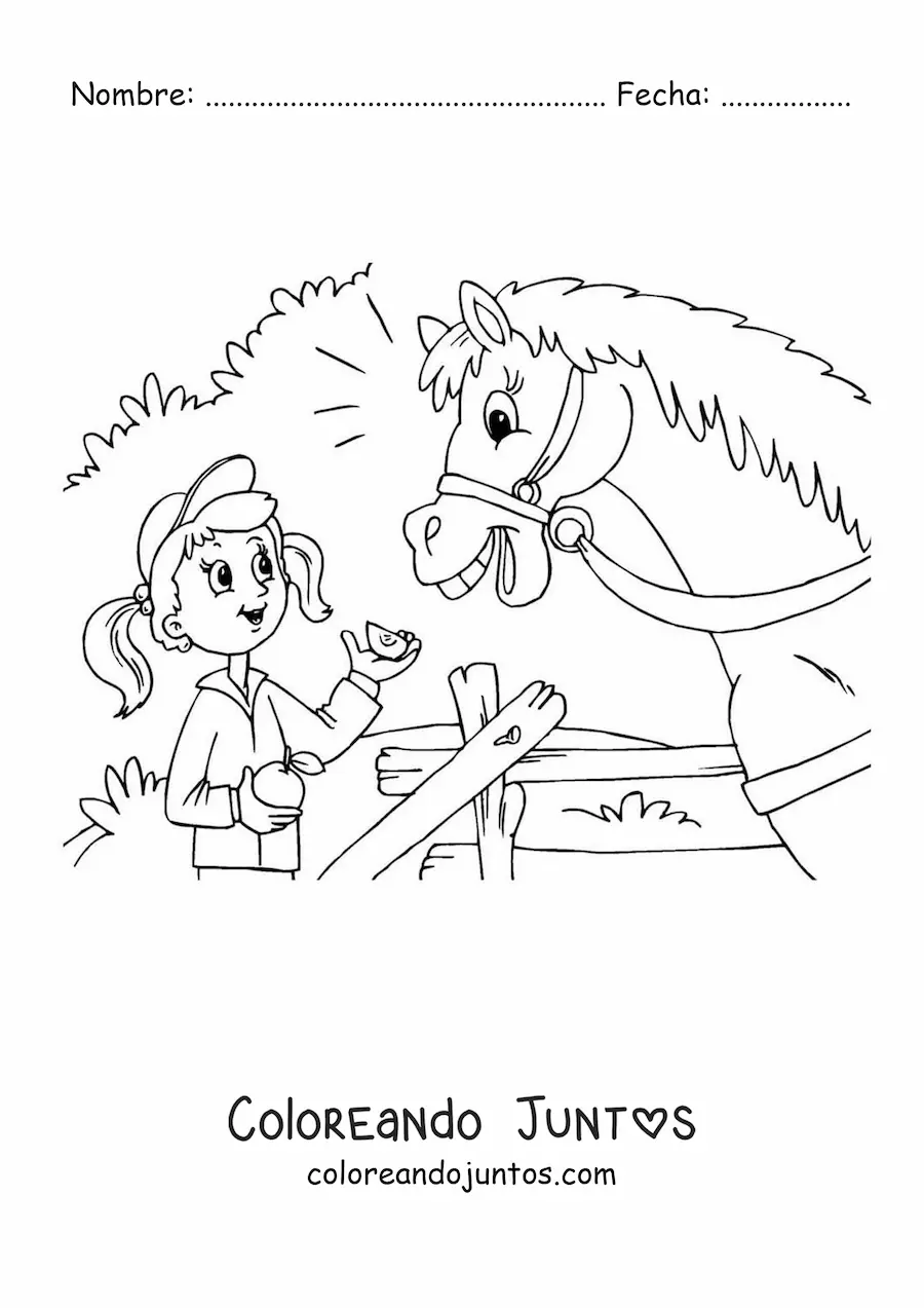Imagen para colorear de una niña alimentando a un caballo con una manzana