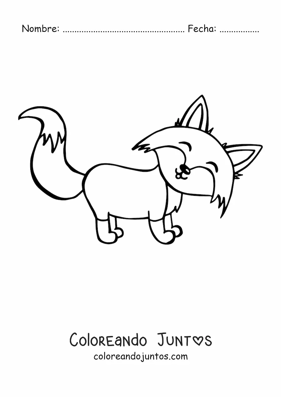 Imagen para colorear de un zorro kawaii de perfil soriendo hacia el frente