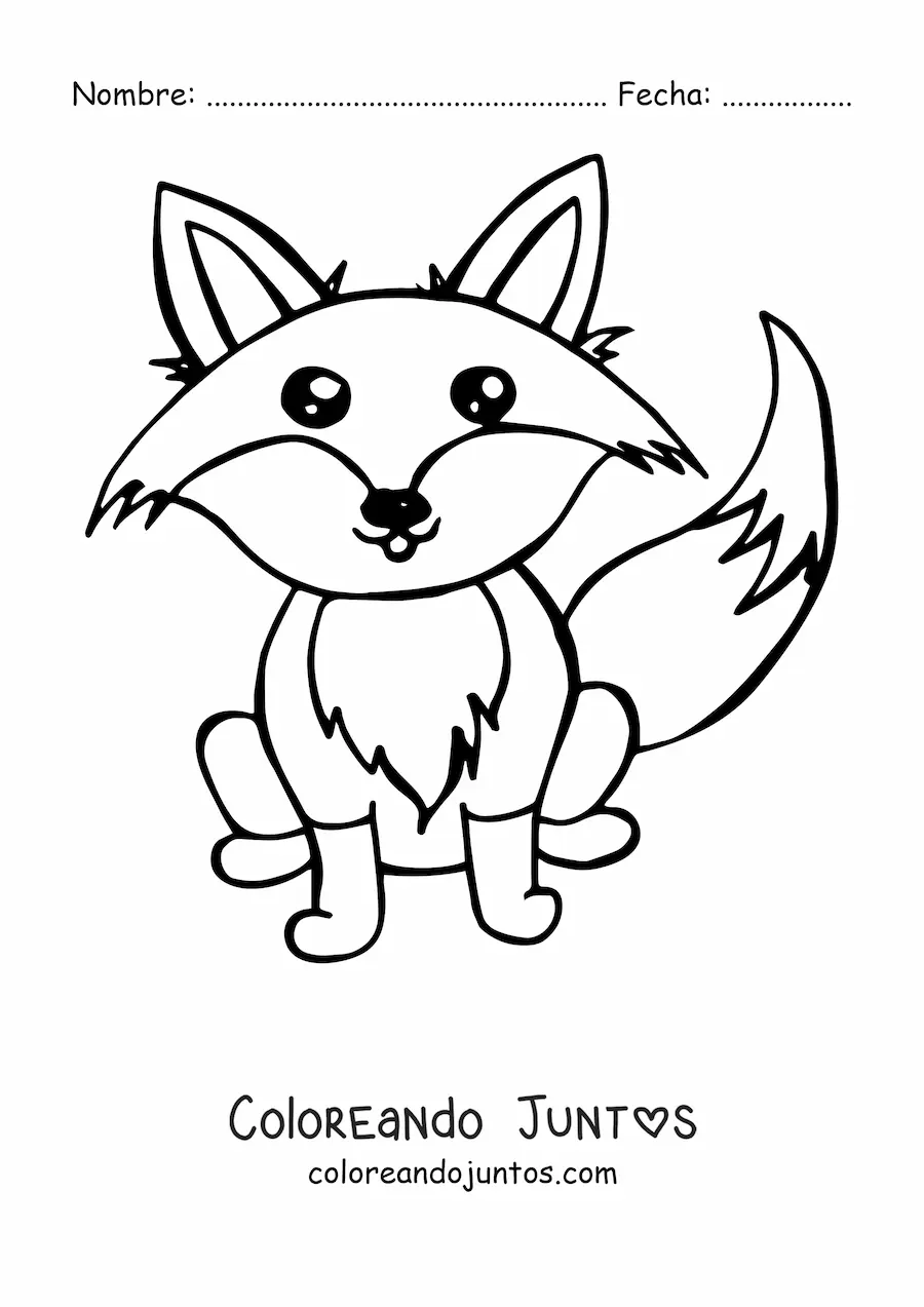 Imagen para colorear de un zorro kawaii animado con ojos brillantes sentado de frente