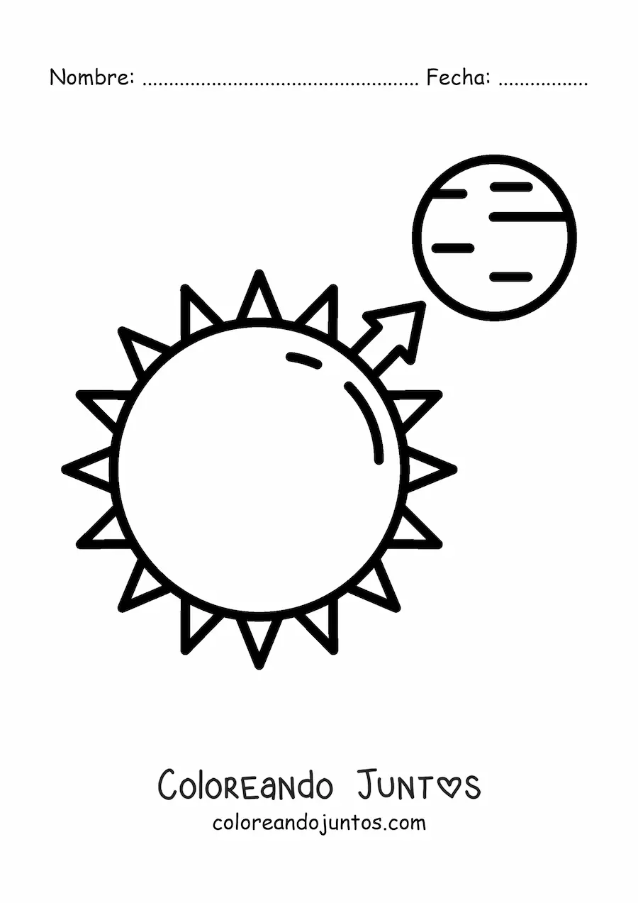 Imagen para colorear del sol y un planeta representando la atracción gravitatoria