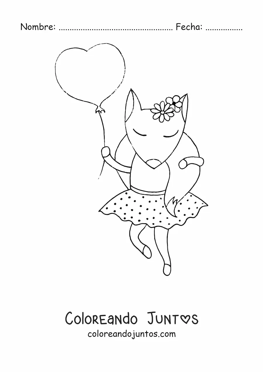 Imagen para colorear de un zorro animado con vestido sosteniendo un globo en forma de corazón
