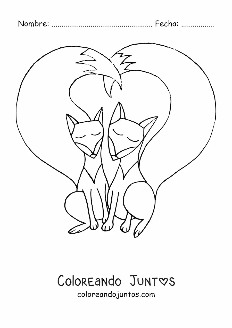 Imagen para colorear de una pareja de zorros animados uniendo sus colas en forma de corazón