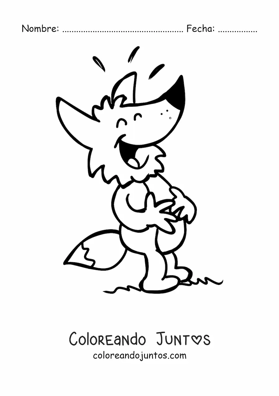 Imagen para colorear de un zorro animado tocando su barriga  riendo con los ojos cerrados