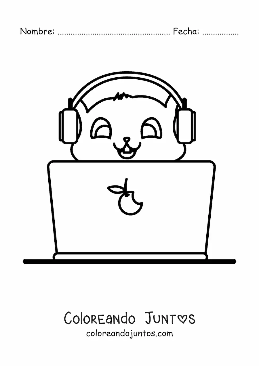 Imagen para colorear de un gato kawaii con una computadora portátil