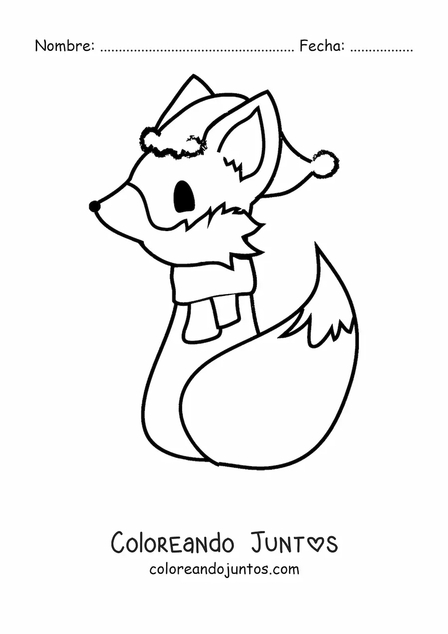 Imagen para colorear de un zorro animado sentado de espaldas con bufanda y gorro navideño