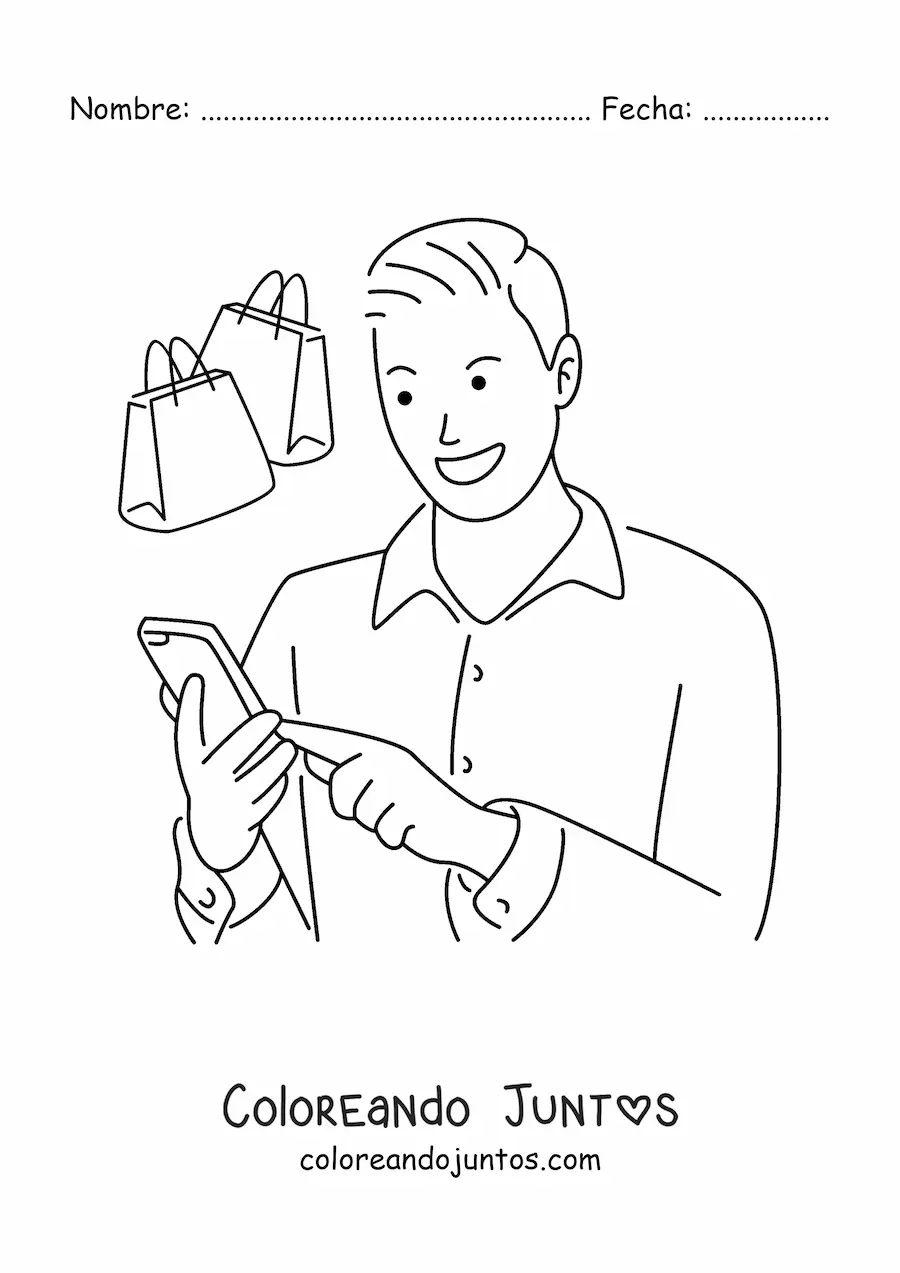 Imagen para colorear de un hombre comprando por internet desde el teléfono celular