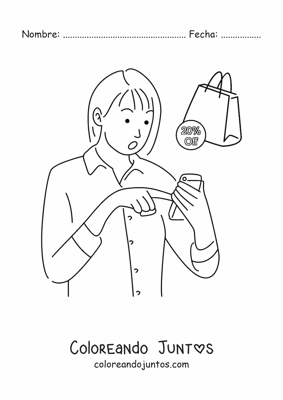 Imagen para colorear de una mujer haciendo compras en línea desde el móvil