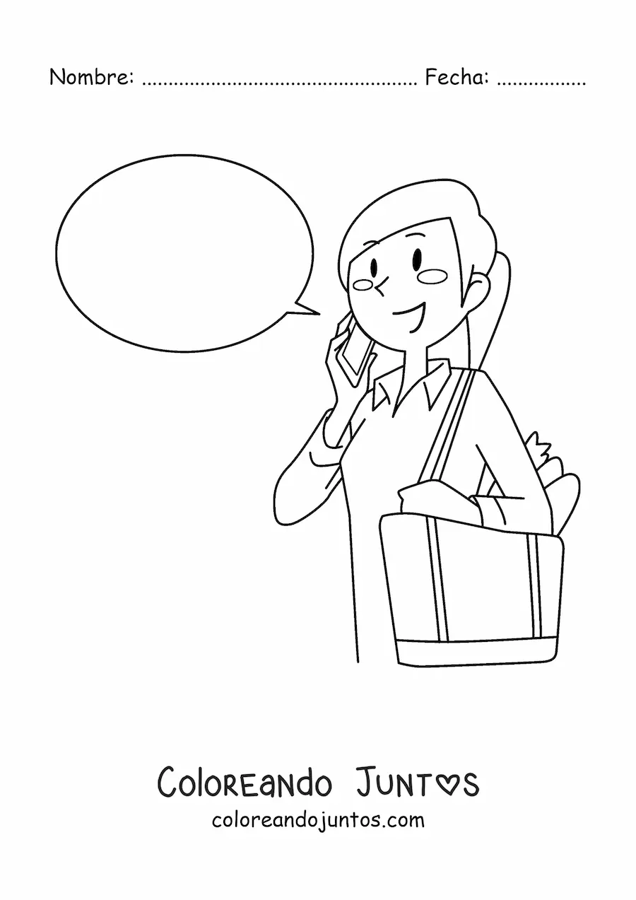 Imagen para colorear de una mujer hablando por teléfono móvil