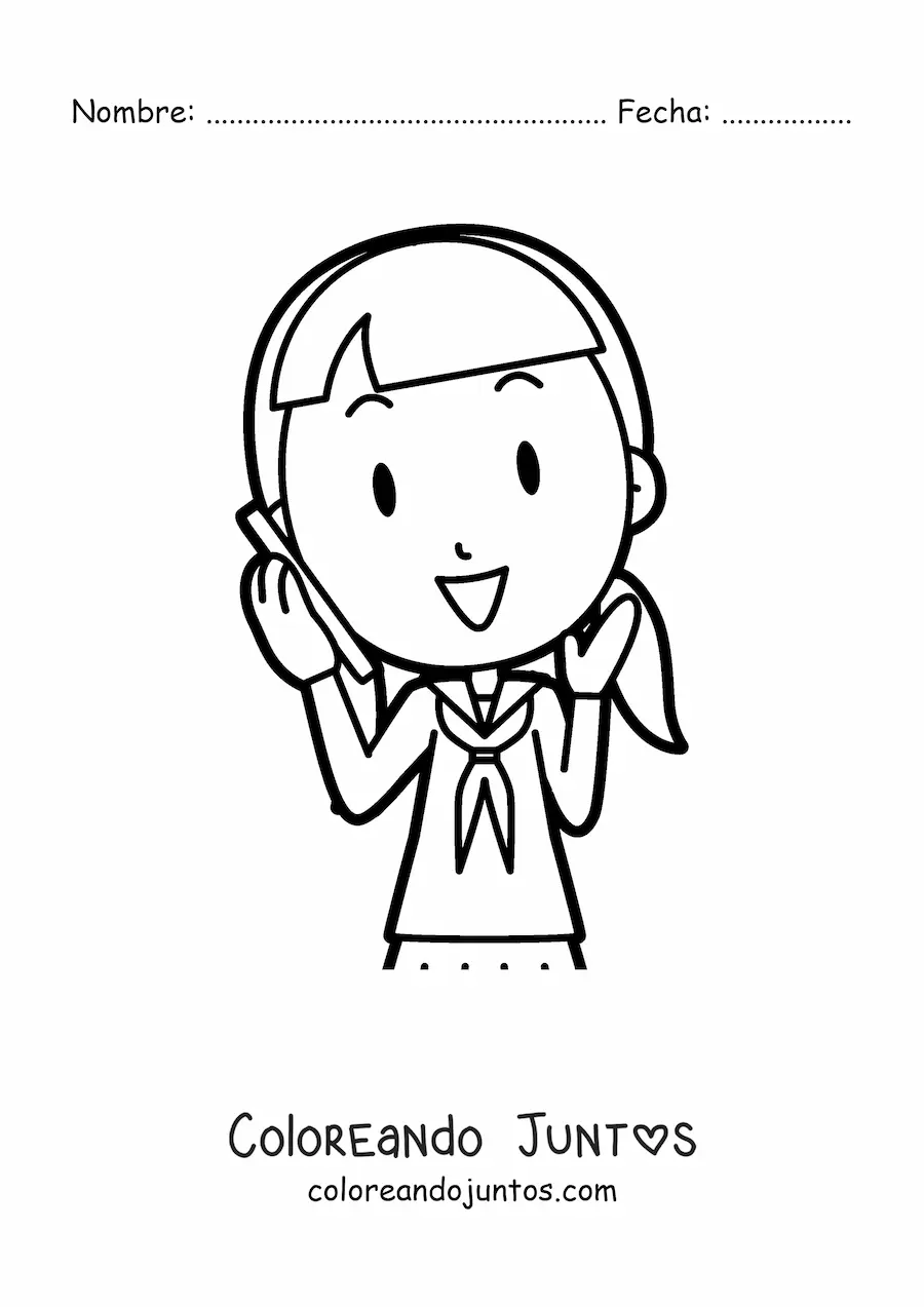 Imagen para colorear de una chica kawaii haciendo una llamada telefónica