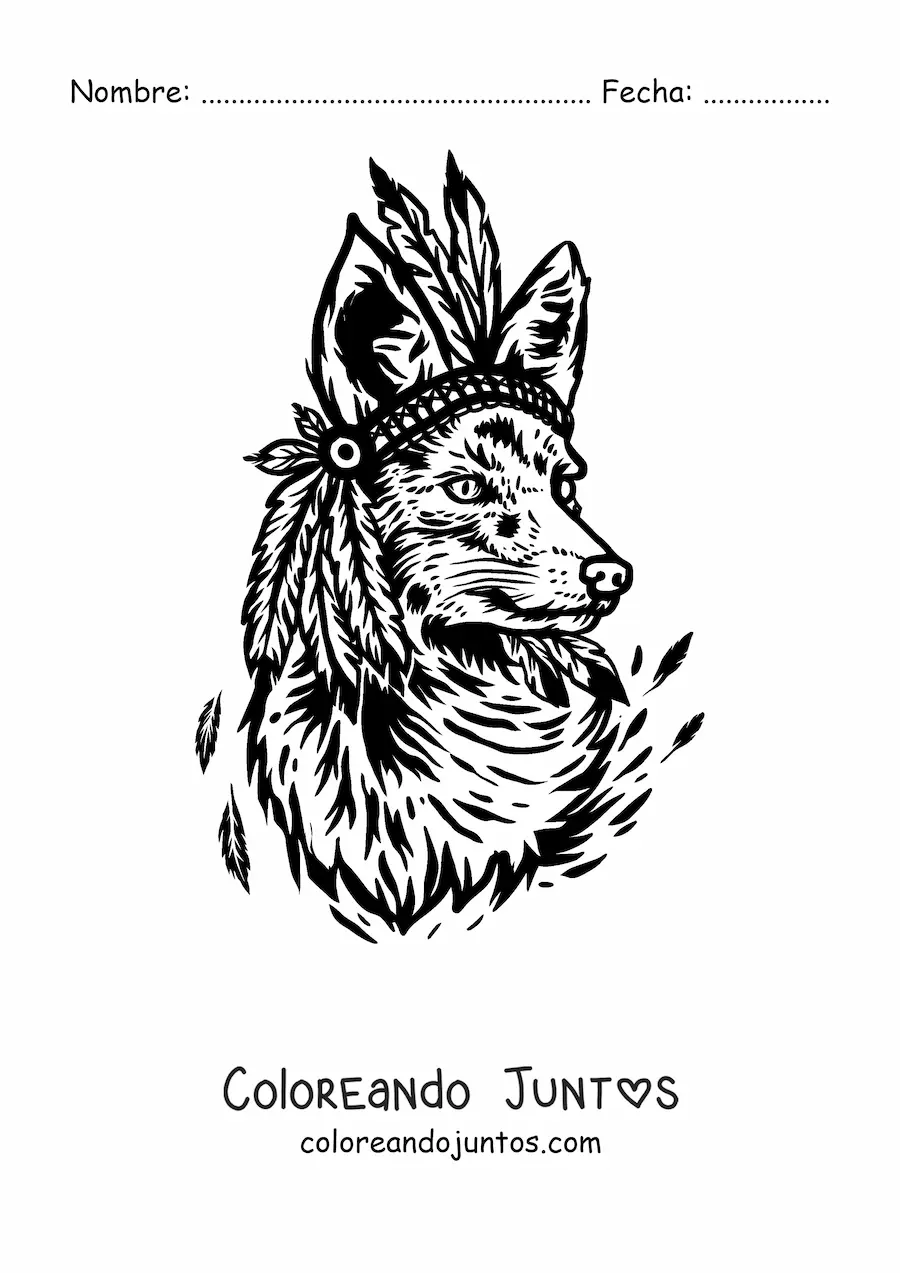 Imagen para colorear de un zorro salvaje con un tocado de plumas indio