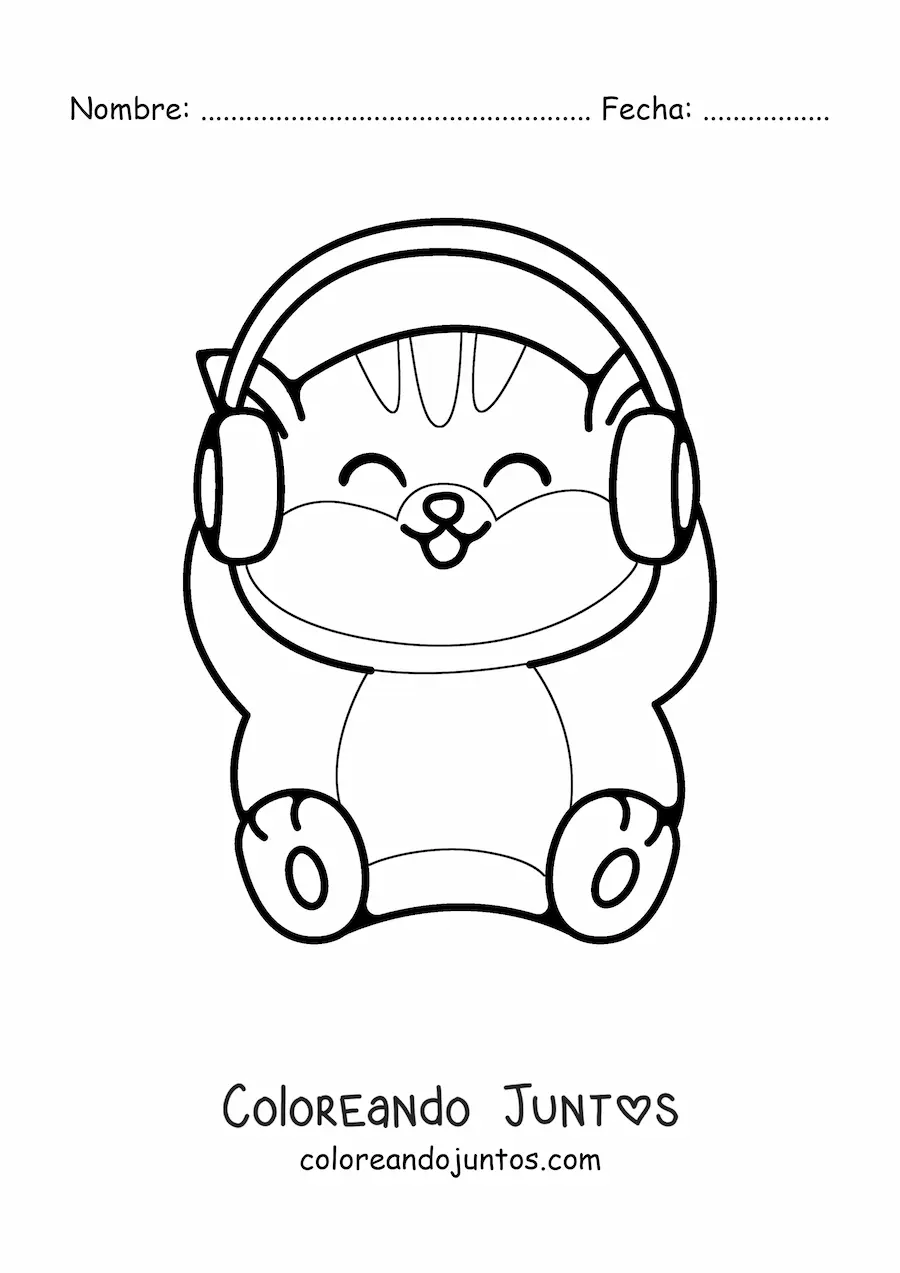 Imagen para colorear de un gato kawaii animado con audífonos en la cabeza