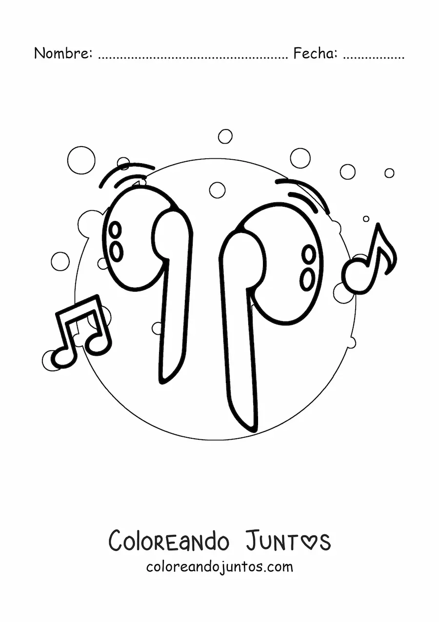 Imagen para colorear de unos audífonos inalámbricos con notas musicales