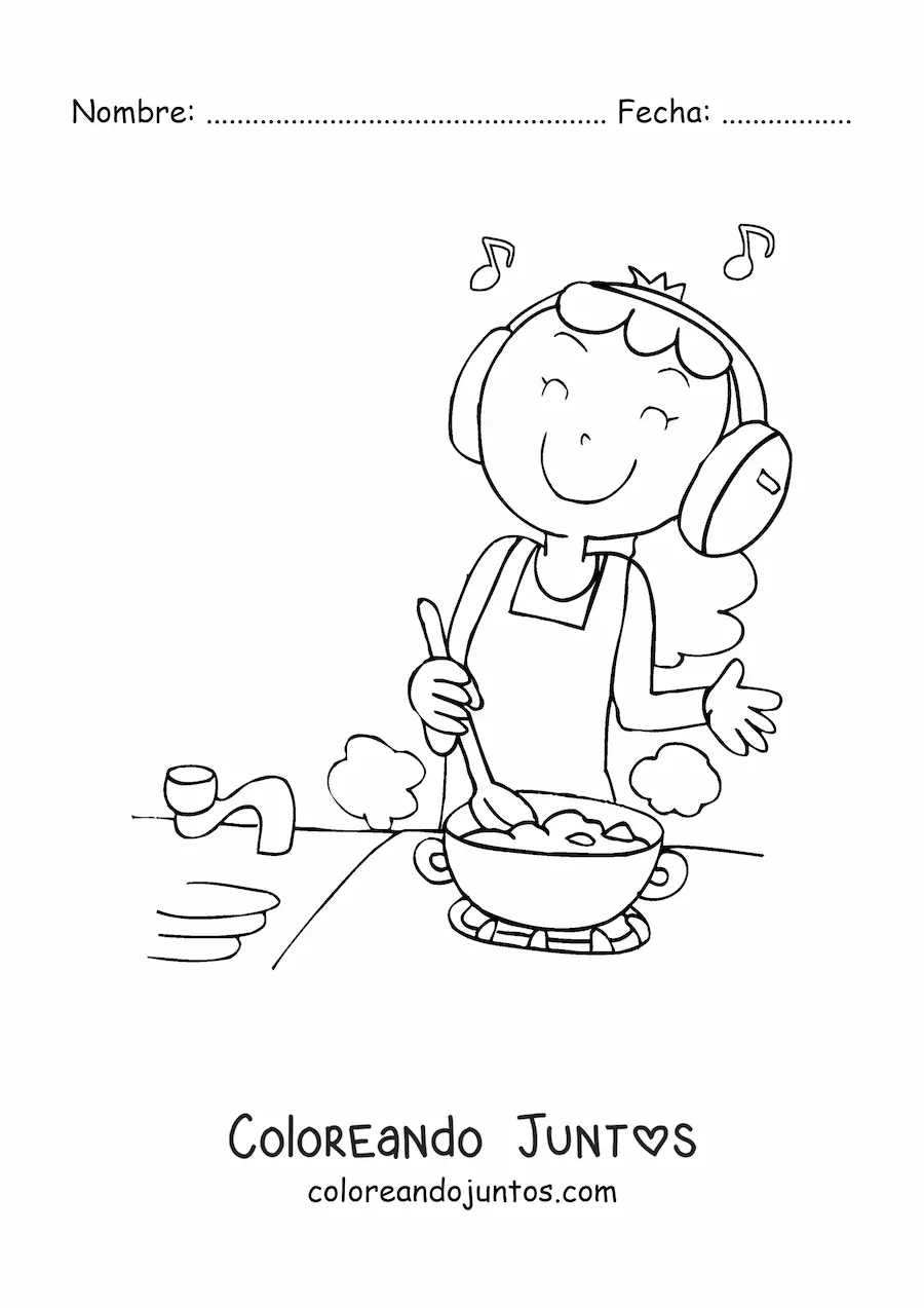 Imagen para colorear de una mujer cocinando mientras escucha música