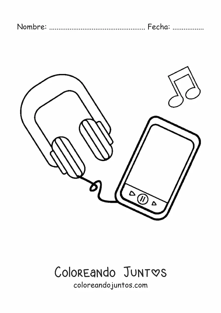 Imagen para colorear de un smartphone con audífonos y notas musicales