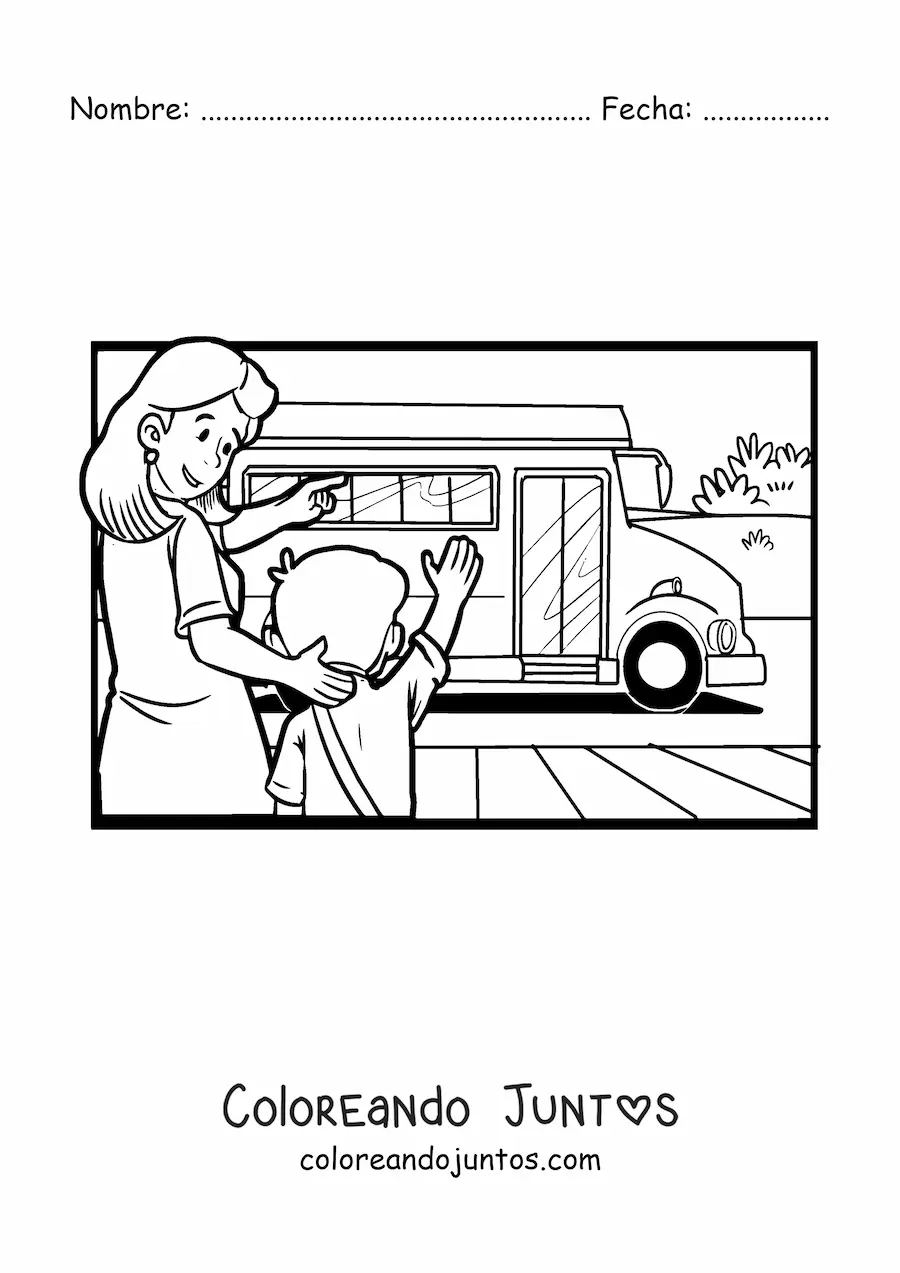 Imagen para colorear de un niño tomando el autobús escolar