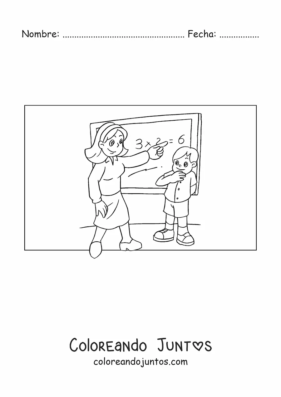 Imagen para colorear de una maestra y un niño en clase de matemática