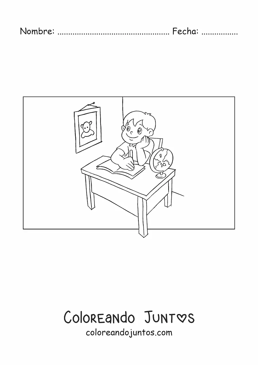 Imagen para colorear de un niño sentado en un pupitre haciendo tarea