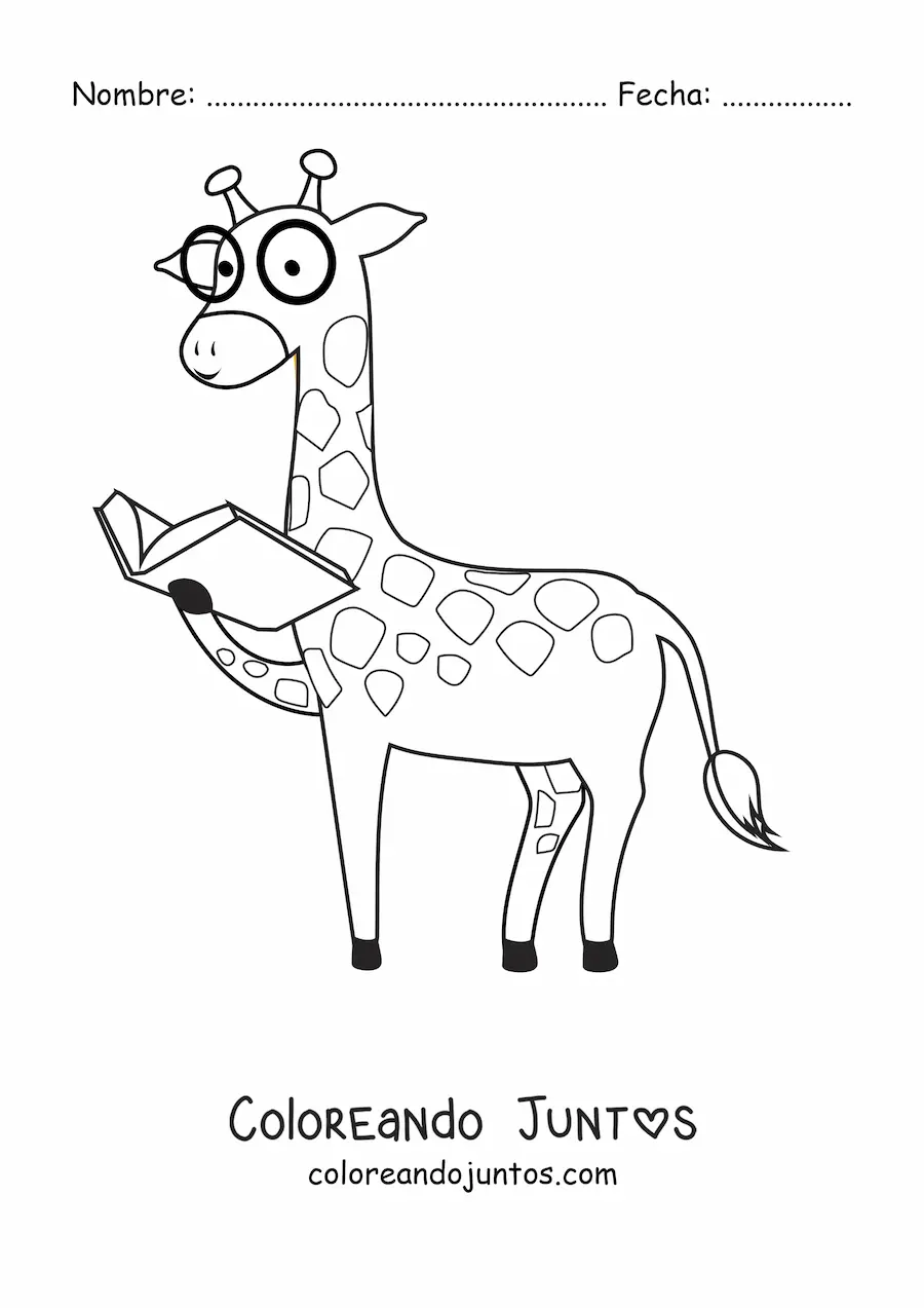 Imagen para colorear de una jirafa animada con lentes leyendo un libro
