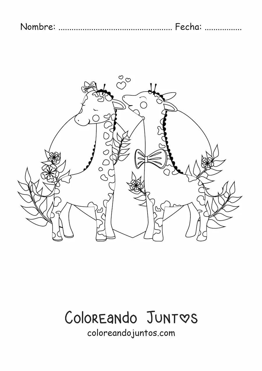 Imagen para colorear de una pareja romántica de jirafas animadas con un corazón en el fondo