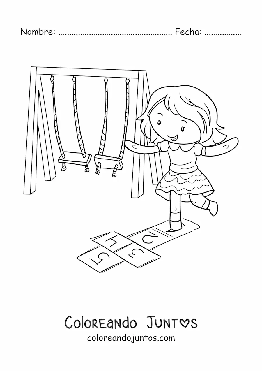 Imagen para colorear de una niña kawaii jugando al avioncito en el parque